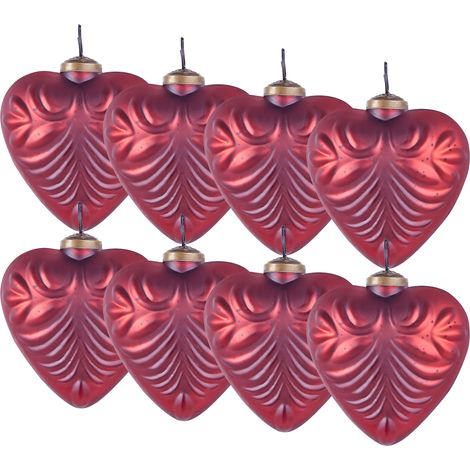 Conjunto de 8 bolas de Navidad de vidrio hechas a mano para colgar del árbol de Navidad en forma de corazón rojo Feriable (1/5)