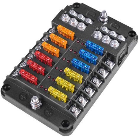 LAN-Sicherungskasten mit LED-Anzeige, feuchtigkeitsbeständiger Abdeckung – 12 Stromkreise mit Minuspol, Schraubbefestigung für Auto, Boot, Wohnmobil, LKW, Sicherungen im Lieferumfang enthalten (1/5)
