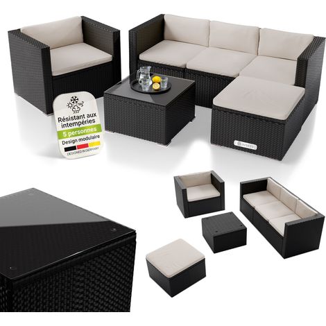 Juskys – Salon de jardin en polyrattan Punta Cana L – Ensemble 4-5 places – Noir crème – Coussins épais lavables – Table en verre 61cm