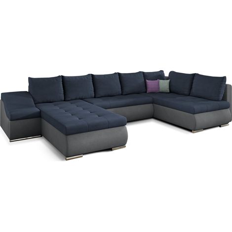Canapé panoramique convertible JONAZ simili cuir, tissu - Rangement integré A gauche-Gris/Bleu foncé-Méridienne A gauche (1/5)