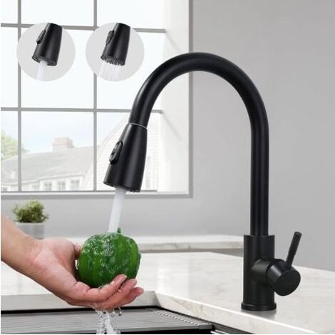 Robinet Cuisine Noir, Mitigeur Evier avec Douchette Étirable en Acier Inoxydable, Mitigeur Cuisine à 2 Modes de Jet, Bec Haut et Rotatif à 360°, Anti-corrosion (1/5)