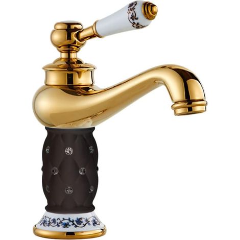 Grifo de lavabo de baño de lujo de un solo orificio con manija de una sola palanca, grifo de agua fría y caliente (negro, cerámica) (1/5)