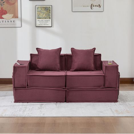 Modulares Pouf-Sofa 162x78x66 cm weinrot aus Cord mit Seitentaschen und 2 Kissen (1/5)