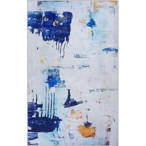 Tapis Rectangulaire Gris Blanc et Bleu en Polyester Motif Peinture pour Chambre ou Salon au Style Moderne 140 x 200 cm Beliani
