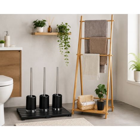 Set da bagno in bambù da appoggio (3 pezzi) – Portasciugamani a 4 barre, confezione da 3 scovolini per WC e tappetino da bagno (1/5)