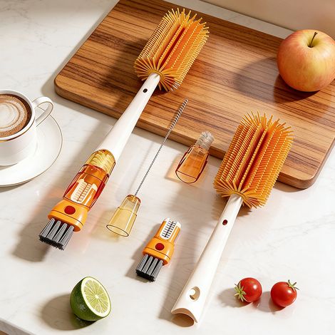 Brosse à gobelet 5 en 1 en silicone couleur tournesol orange, brosse à biberon à manche long multi-usages pour cuisine (1/5)