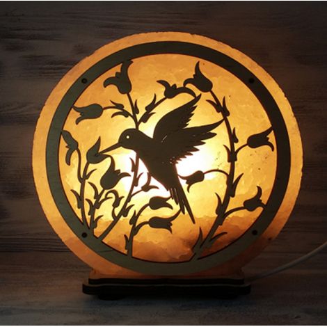 Lampada di Sale Himalayano Rosa naturale Rotonda con sfondo Colibrì 4Kg