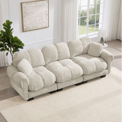 Canapé 3 places kaki clair en chenille avec coussins décoratifs et design capitonné (1/5)