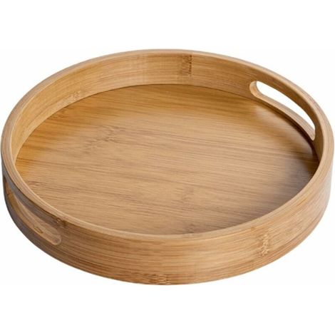 Round Wooden Serving Tray with Handles(Brown),25x25x4cm,Round Decorative Tray,Natural Bamboo,Decorative Tray for Cafe,Bar,Restaurant