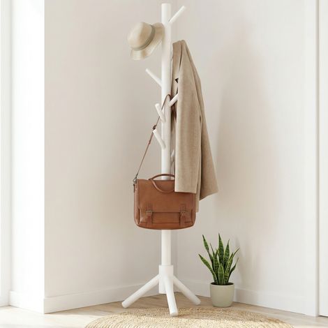 Porte-manteau autoportant robuste, blanc, 3 sections réglables et 8 crochets, portant en bois pour vêtements et chapeaux