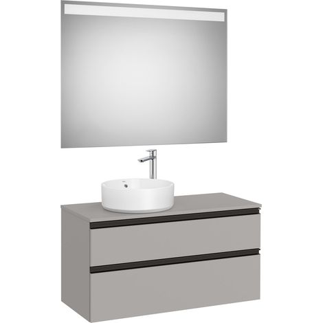 Pack meuble "The gap" 1000 pour vasque à gauche - 2 tiroirs + plan + miroir LED - gris moyen mat/poignées noires - Roca (1/2)