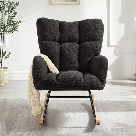 Fauteuil à bascule moderne 69×89×101 CM cadre métallique et base bois. Style scandinave polyvalent pour salon,chambre,bureau et balcon familial.