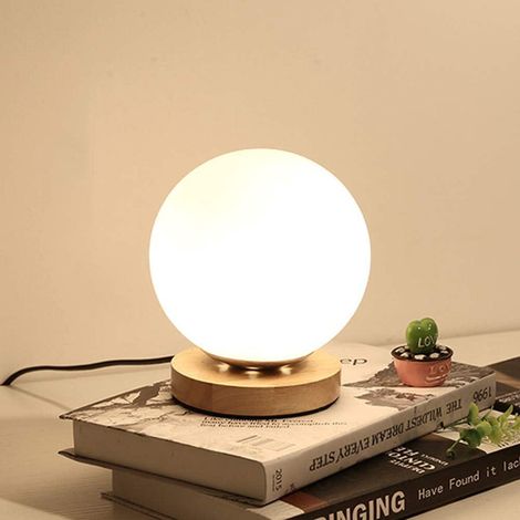 Minimaliste Nordique Créative Lampes de Table, Lampe de Chevet En Bois Boule En Verre Blanc, Lampe de lecture de protection des yeux, avec Interrupteur, Veilleuse d'éclairage décoratif (Rond) (1/4)