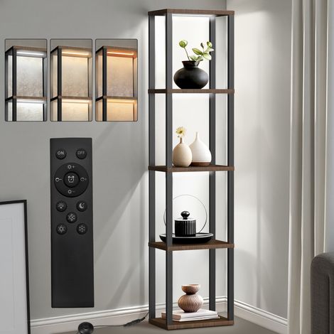 Lampadaire Étagère Bois Massif 164cm Éclairage LED Dimmable 2700‑6000K avec 4 Modules LED Intégrés Lampe sur Pied Télécommande Pédale Charge 25kg Vitrine pour Salon Entrée Chambre Bureau (1/5)