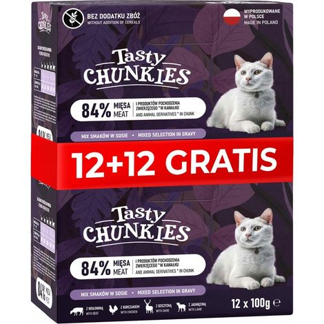 Cibo per gatti senza cereali, gustosi bocconcini, mix di sapori, 84% carne, 12+12 gratis.