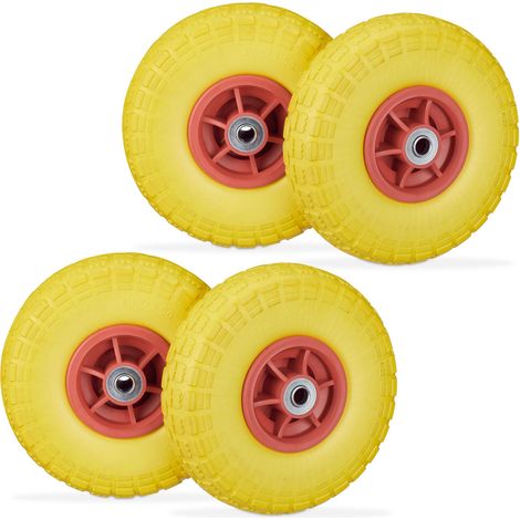 Set of 4 Relaxdays Wheelbarrow Tyres, Puncture-Proof Solid Rubber, 4.1/3.5-4, 16 mm Axle, Spare Wheel, Yellow/Red