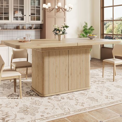 Table à manger extensible 140-180x80 cm avec rangement caché, portes rainurées verticales, pieds réglables, MDF effet bois clair, structure métal (1/5)