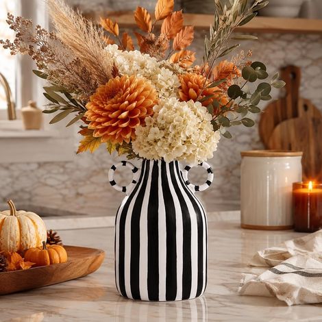 Vase en Céramique à Rayures Noires Et Blanches, Décoration De Vase Noir Et Blanc Peint à La Main, Style Moderne Minimaliste Bohème Chambre, Centre De Table De Salle à Manger (B) (1/5)