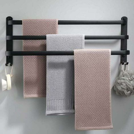GROOFOO Porte-Serviettes Mural en Aluminium - 3 Étages - Avec Crochets - 60 cm - Étanche - Noir - Pour Salle de Bain, Cuisine, Salle de Bain (1/4)
