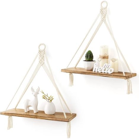 Mensola sospesa con motivo a pizzo, set da 2 pezzi per decorazione murale in stile bohémien, mensola rustica galleggiante in legno per camera da letto e bagno. (1/5)