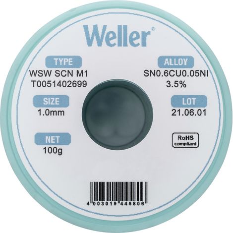 Weller T0051402699 Lötzinn, bleifrei bleifrei, Spule Sn0,6Cu0,05Ni 100 g 1 mm (1/5)