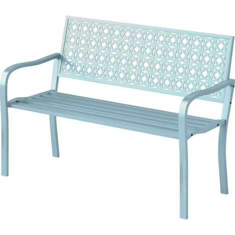 Blaue 2-Sitzer-Gartenbank, Stahlbank für den Außenbereich mit durchbrochener Rückenlehne, 127 x 63 x 85 cm