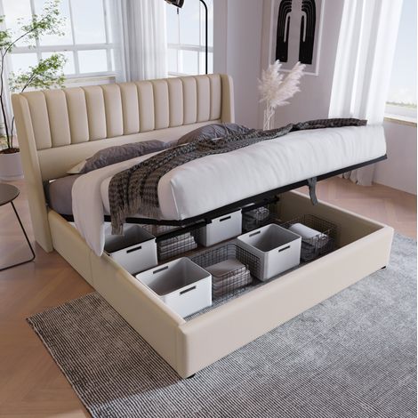 Lit coffre moderne en lin beige 180x200 cm avec tête de lit rembourrée et sommier relevable