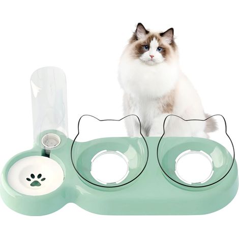 3-in-1 Katzennapf-Set, erhöhter & doppelter Napf mit Wasserspender, 15° geneigter Anti-Brech-Napf für Katzen & Hunde, Trockenfutter- & Wasserspender für Katzen & Hunde (1/5)