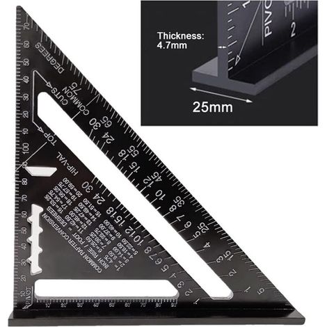 BCC 17 cm Winkelmesser-Dreieck aus Aluminiumlegierung, Zimmermannswinkel, professionelles metrisches Dreieck, Holzbearbeitungswinkelmesser, Dreieckslineal mit Winkelmesser, Messwerkzeug, Schwarz