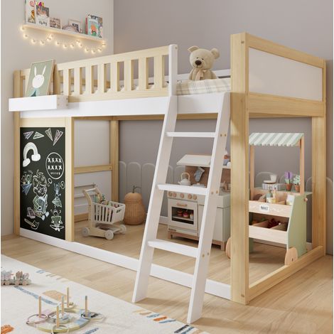 Letto a soppalco per bambini 90x200 cm in pino e MDF bianco/naturale, con lavagna, box contenitore e scaletta inclinata (1/5)