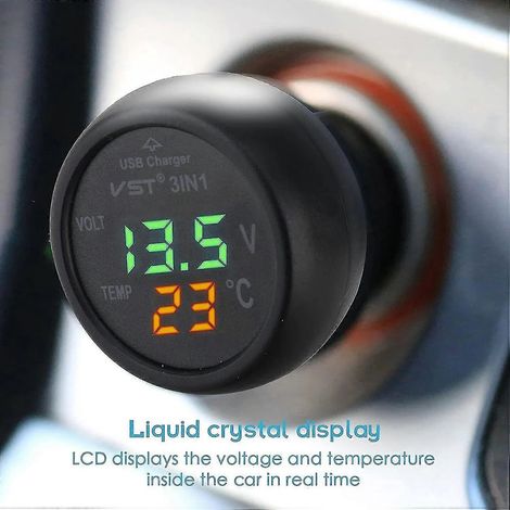 Voltmètre de voiture 2024, 3 en 1 : thermomètre, chargeur USB et voltmètre avec affichage numérique LCD (12-24 V) - YNP (1/2)
