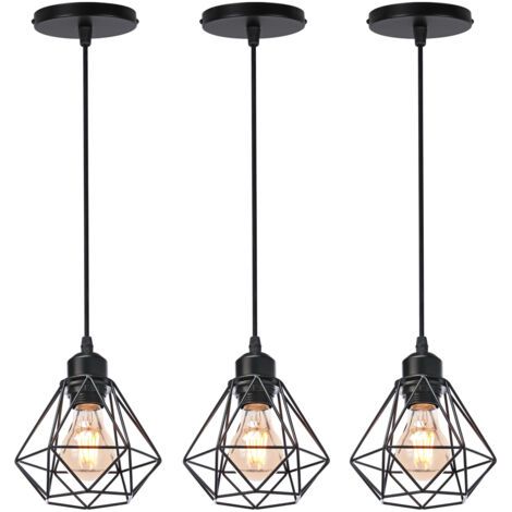 royaluxe- 3PCS Plafonnier Rétro Noir Suspension Luminaire Vintage D'Intérieur Suspension Lustre E27 Cage En Métal (1/5)