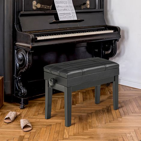 Klavierbank mit versteckten Stauraum, Sitzhocker, höhenverstellbar, Kunstleder, Schwarz