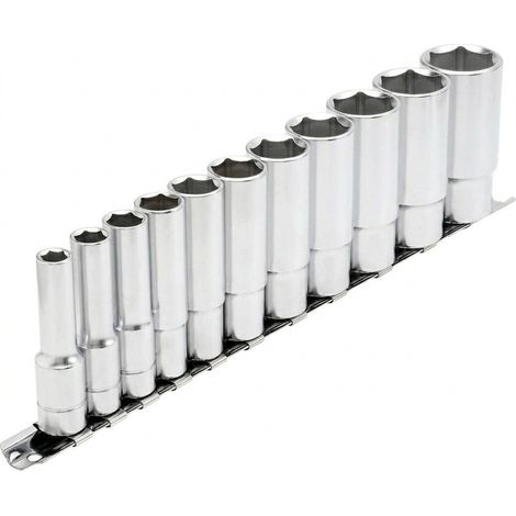 Juego de llaves de vasos 3/8" largos 6 caras, de 8 a 19 mm en rail, 11 piezas
