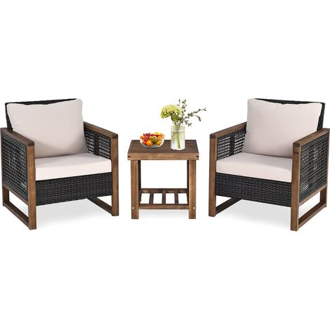 COSTWAY Set di 3 Pezzi di Mobili da Patio, 1 Tavolino in Legno di Acacia e 2 Sedie in Rattan PE, con Cuscini Lavabili, Set di Divani per Giardino Cortile Piscina Portico (1/5)
