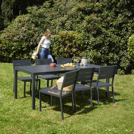 Cémonjardin – Salon de jardin en aluminium gris – 6 chaises empilables – Résistant aux intempéries – Finition époxy – Dimensions table 200x86x74cm (1/4)