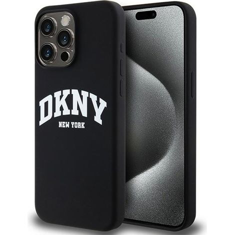 Custodia Dkny in silicone liquido bianco con logo stampato MagSafe per iPhone 15 Pro Max (nera) (1/5)