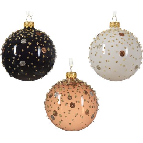 Palline per albero di Natale in vetro decorato rosa, nero e bianco da Ø 8 cm, confezione da 12 pezzi