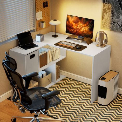 Bureau d'angle moderne avec étagère en tissu et tiroir, 110 x 100 x 75 cm, blanc, gain de place (1/5)