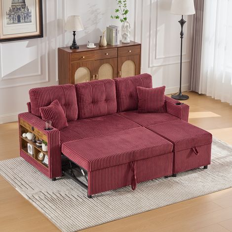 Mehrfunktionales Cord-Sofa mit Stauraum & Ausziehbett. Inkl. USB-C, Ambientebeleuchtung, Getränkehaltern & breiten Armlehnen. Schafft gemütliche Wohlfühlbereiche in Wohn- und Gästezimmer.