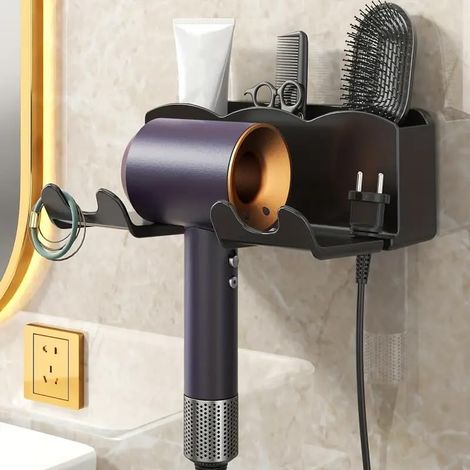 1 supporto a parete per asciugacapelli, ideale per mensole da bagno, senza bisogno di forare, scaffale porta asciugacapelli - Nero