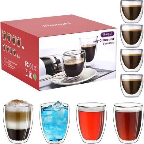 Tasse à café/Expresso - CHANGM - Set de 8 - Verre borosilicate - 4x80ml + 4x250ml - Isotherme (1/4)