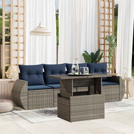 5-teiliges Gartensofa-Set mit Kissen, grau, Polyrattan