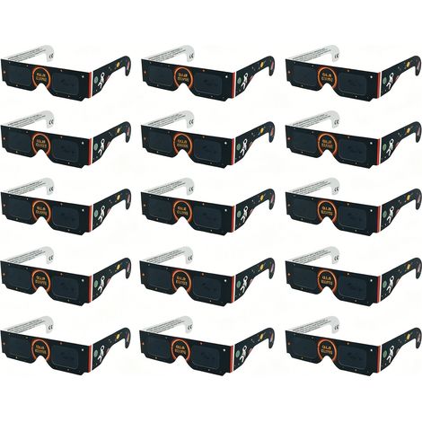 Lunettes d'observation d'éclipse solaire 2026 certifiées CE & ISO, pack de 15 paires de protection solaire sûres, motif astronaute noir. (1/4)