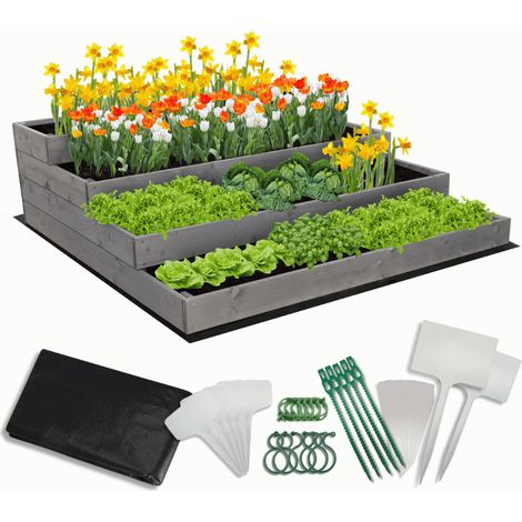 MODO24 Carré potager surélevé en bois, 4 niveaux en cascade, 36x117x120 cm, jardin/terrasse, kit jardinier inclus, gris imprégné