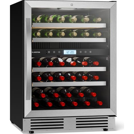 Klarstein VeroSteel Unterbau-Weinkühlschrank – Zweizonen-Weinkühlschrank für 43 Flaschen, UV-Glastür, Touch-Bedienfeld, ausziehbare, leicht zugängliche Holzregale (1/5)