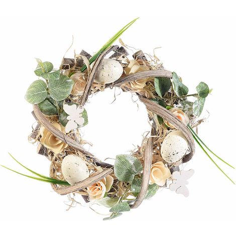 Ghirlande di Pasqua in legno e paglietta con fiori e uova, set da 2 pezzi, Ø 22 cm - Interno: Ø 10