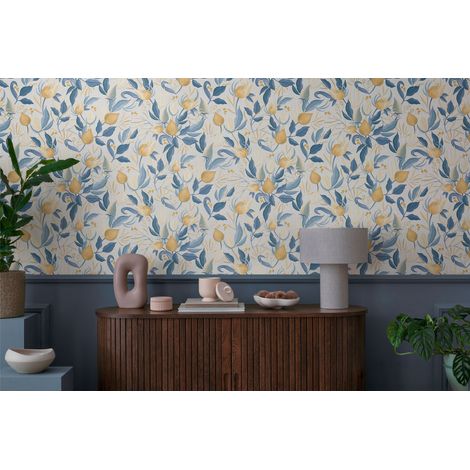 Papier peint intissé fleuri, vintage aux tons bleu, jaune et blanc - 10,05 x 0,53 m - collection Cosmopolitan (1/5)