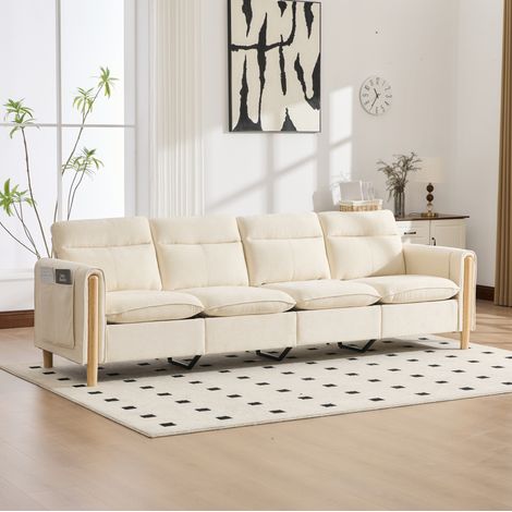 Divano modulare a U 261x77x86 cm, quattro posti, due pouf contenitore, chenille beige (1/5)