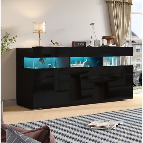 Credenza 140x40,5x66,5 cm nera, 3 porte, LED e zone in acrilico, 7 scomparti MEUBLIV (1/5)